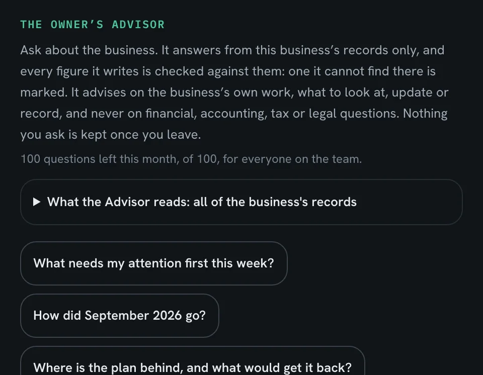 The Owner's Advisor in the demo's invented business, before a question is asked: what it answers from and what it never advises on, the questions left this month, what it reads, and suggested questions such as what needs attention first this week.