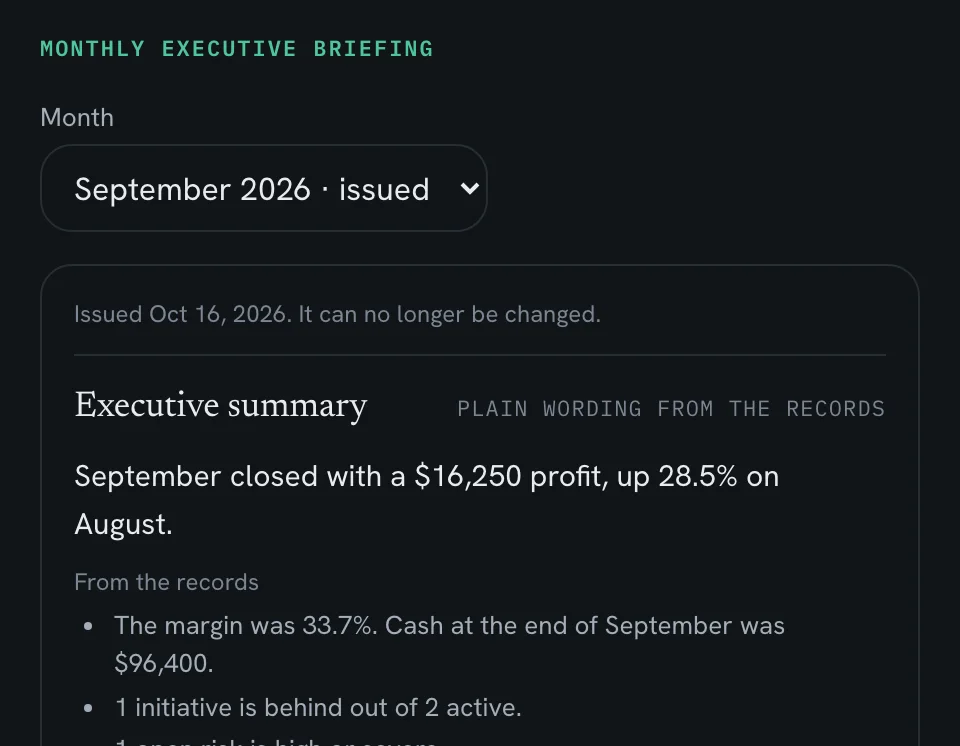 The monthly executive briefing in the demo's invented business, Corliss Ridge Advisory: September 2026, issued and no longer open to change, opening on its executive summary, a $16,250 profit for the month with the margin, cash and plan drawn from the records.