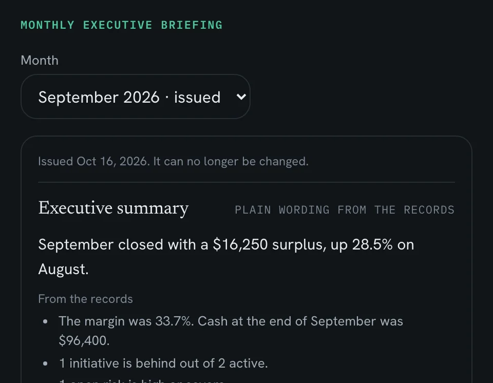 The monthly executive briefing in the demo's invented business, Corliss Ridge Advisory: September 2026, issued and no longer open to change, opening on its executive summary, a $16,250 surplus for the month with the margin, cash and plan drawn from the records.