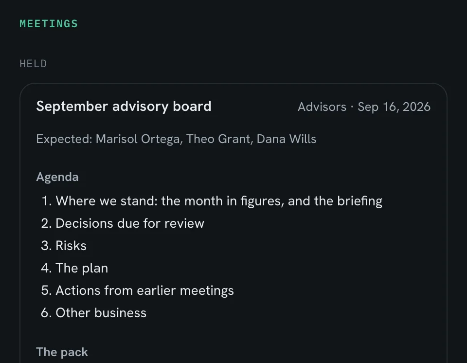 Meetings in the demo's invented business: a September advisory board meeting with the people expected and its agenda, from where the business stands and the decisions due for review to the actions left from earlier meetings.